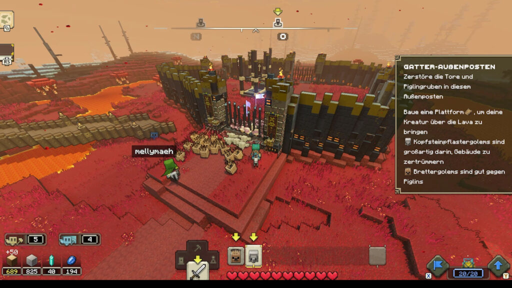 Screenshot aus dem Spiel Minecraft Legends. Die Charaktere von WheelyWorld und mir kämpfen sich zusammen mit ihren Golems durch die Barrikade am Gatter-Außenposten.